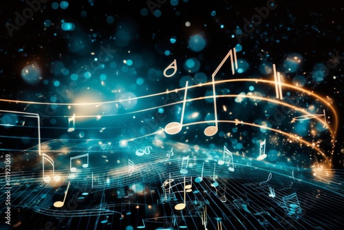 Illustration of a musical background with colorful notes and glowing lights created with Generative AI technology photo