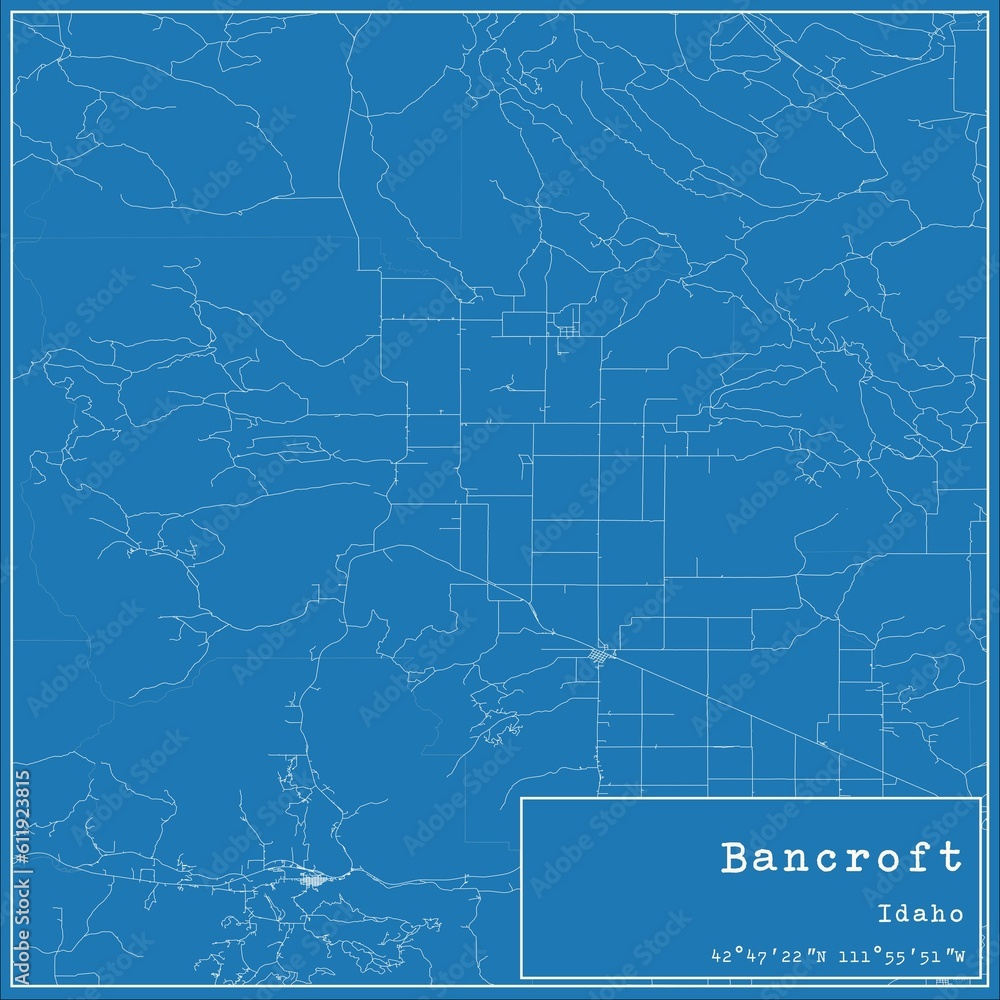 Blueprint US city map of Bancroft, Idaho.