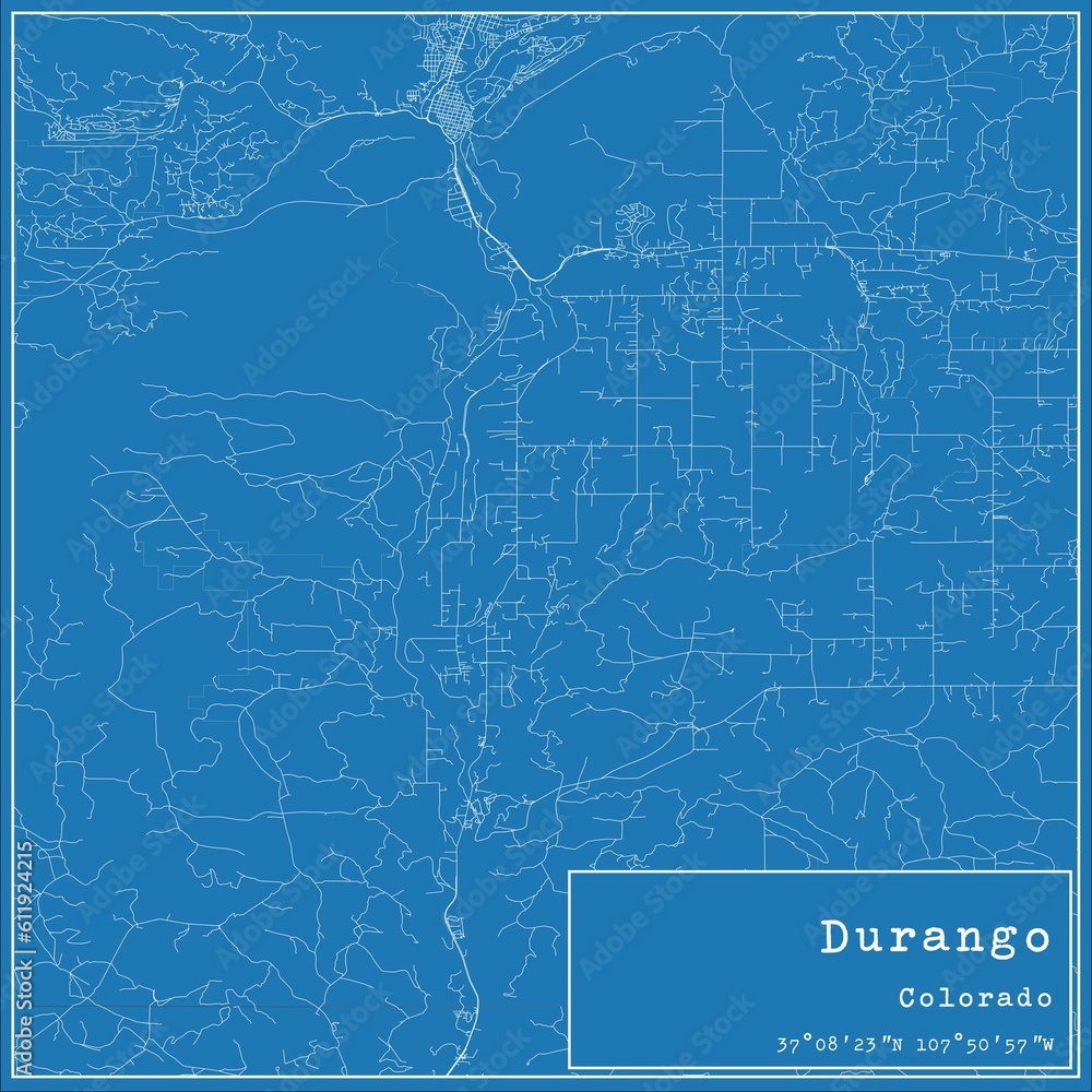 Blueprint US city map of Durango, Colorado.