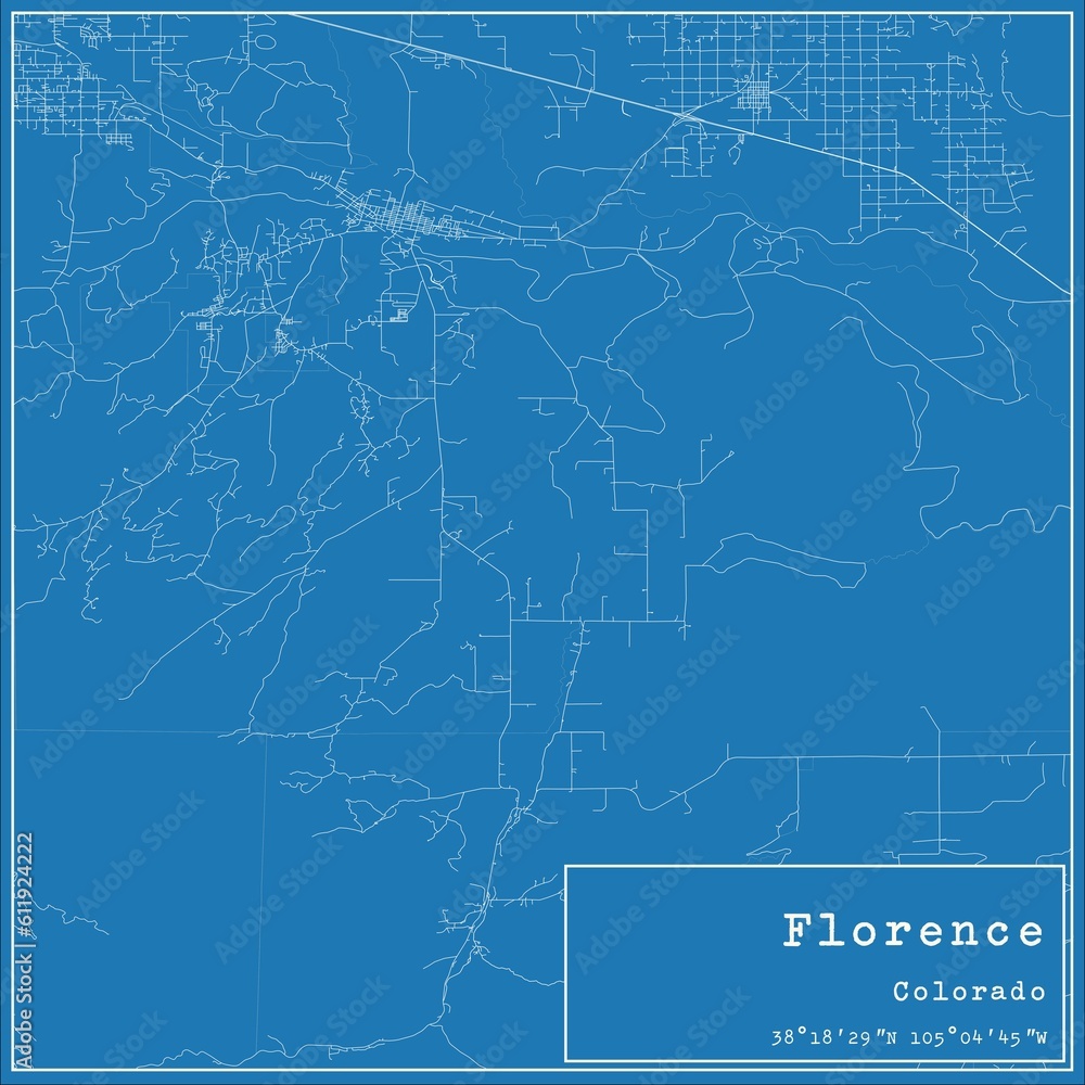 Blueprint US city map of Florence, Colorado.