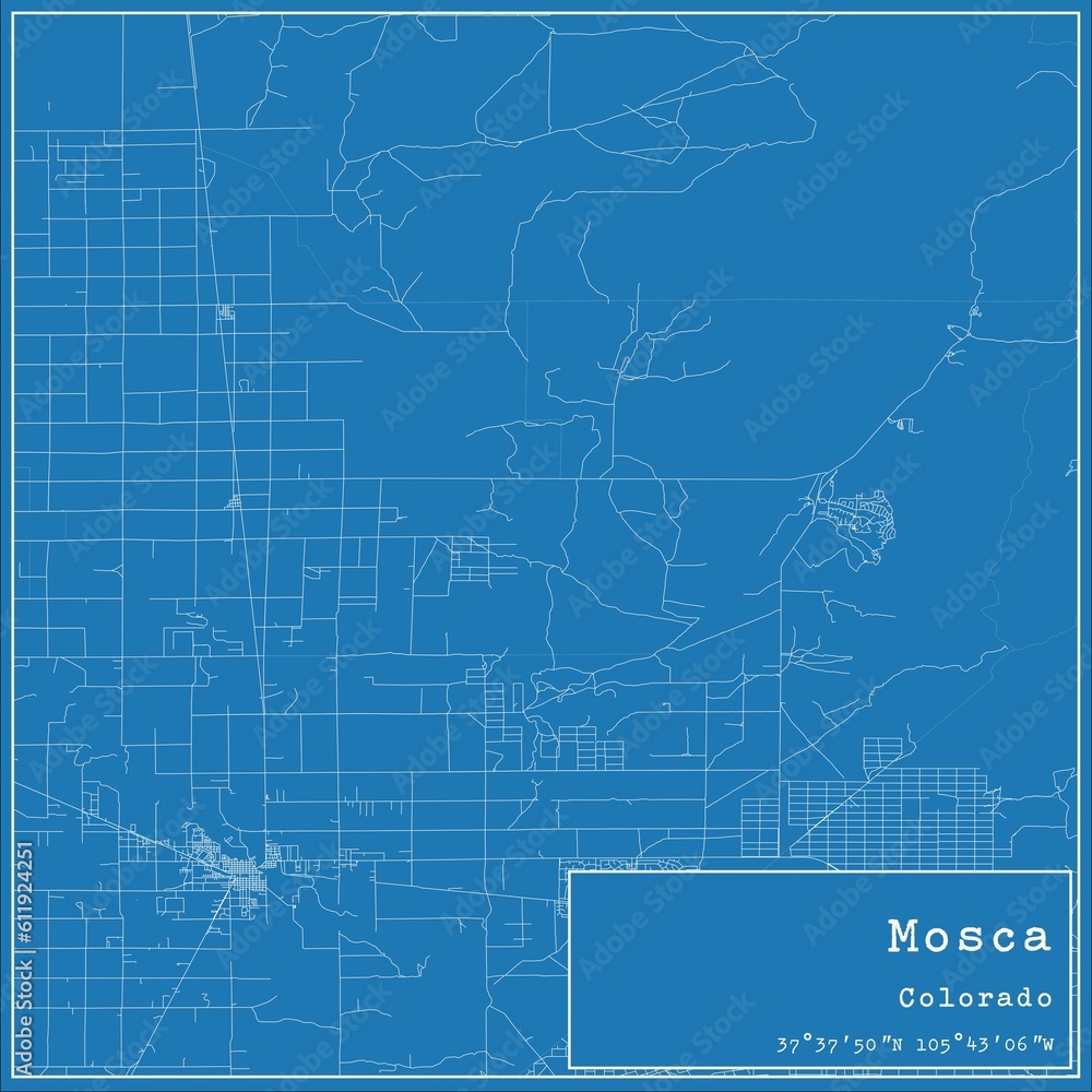 Blueprint US city map of Mosca, Colorado.