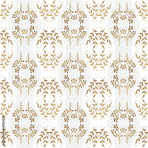 Golden art decoration illustration. Banner for decor, print, textile, wallpaper, interior design. cover background. Luxury seamless pattern with gold leaves.