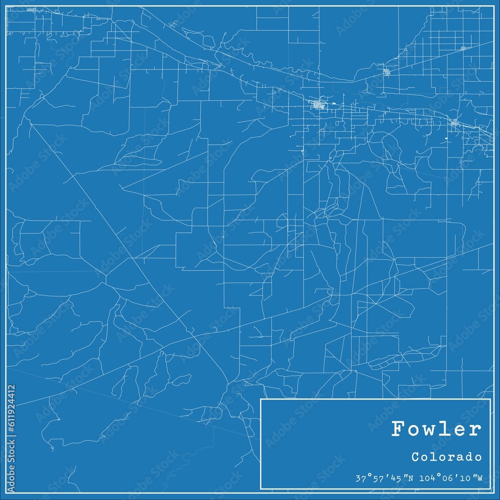Blueprint US city map of Fowler, Colorado.
