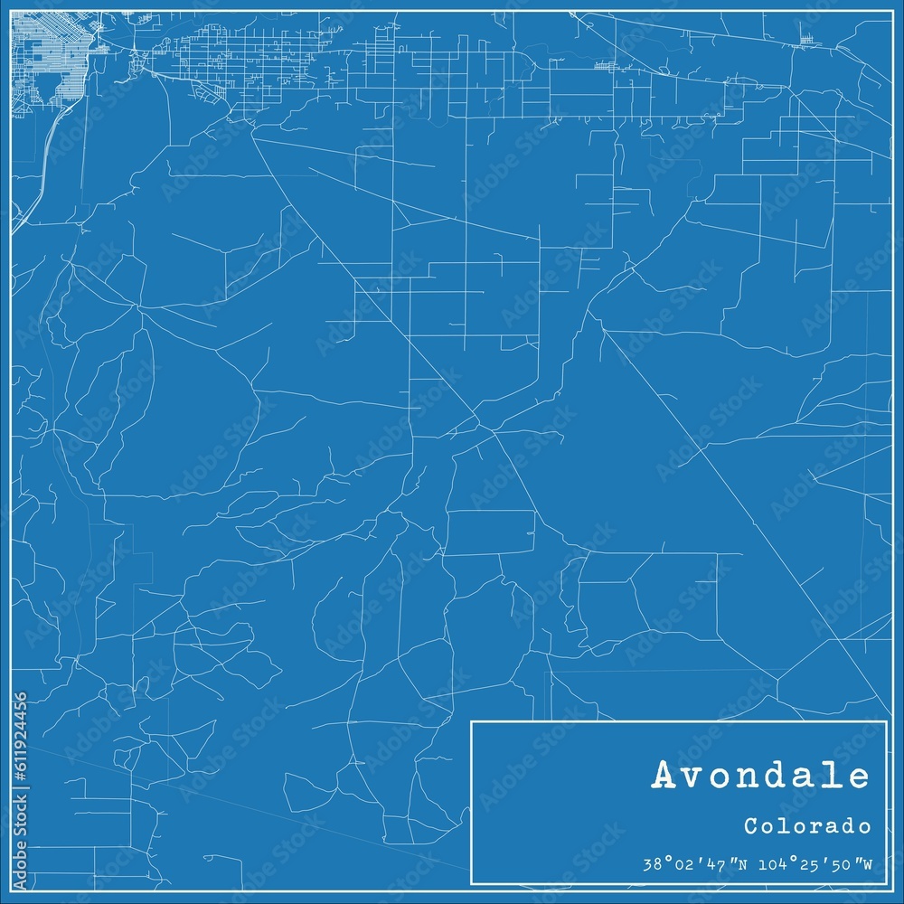 Blueprint US city map of Avondale, Colorado.