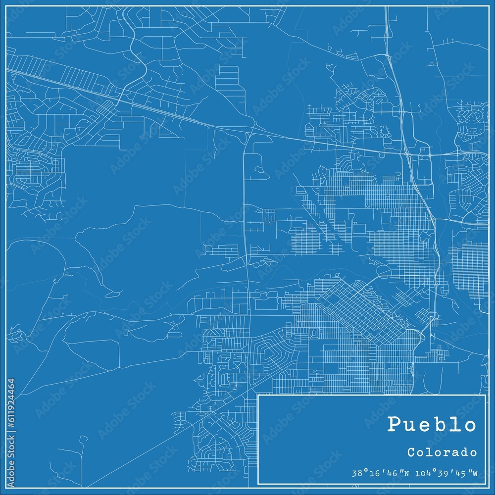 Blueprint US city map of Pueblo, Colorado. Blueprint US city map of Pueblo, Colorado.