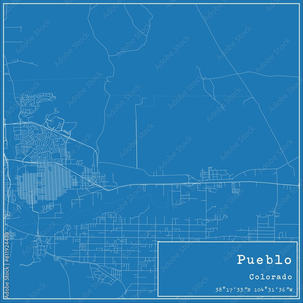 Blueprint US city map of Pueblo, Colorado.
