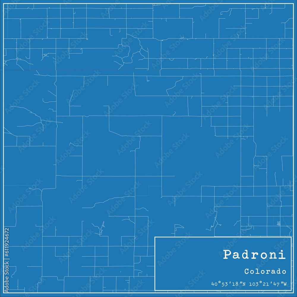 Blueprint US city map of Padroni, Colorado.