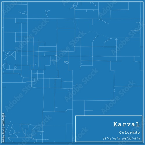 Blueprint US city map of Karval, Colorado.