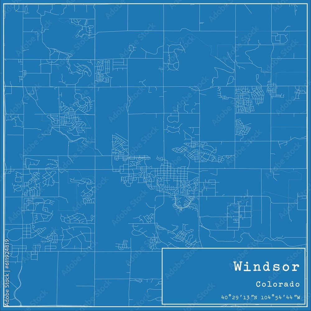 Blueprint US city map of Windsor, Colorado.