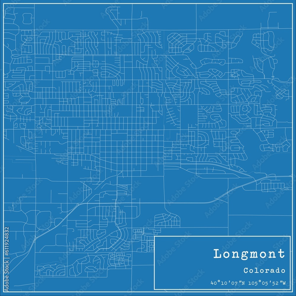 Blueprint US city map of Longmont, Colorado.