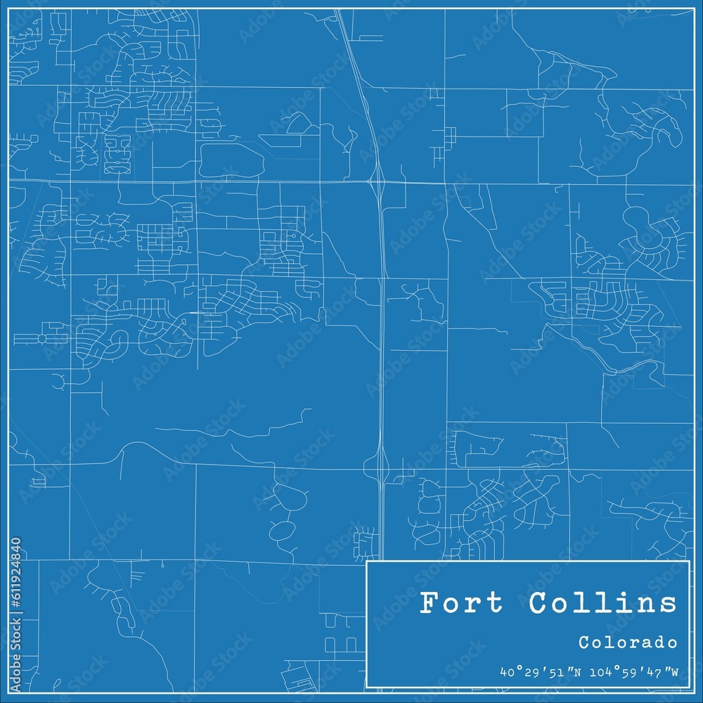 Blueprint US city map of Fort Collins, Colorado.
