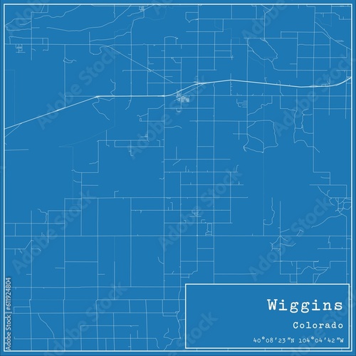 Blueprint US city map of Wiggins, Colorado.