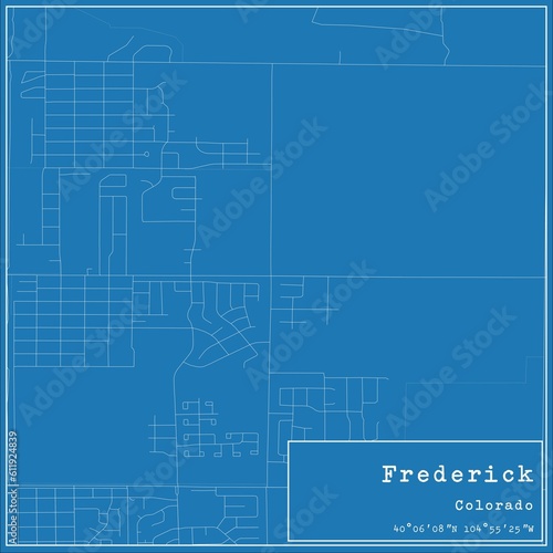 Blueprint US city map of Frederick, Colorado.