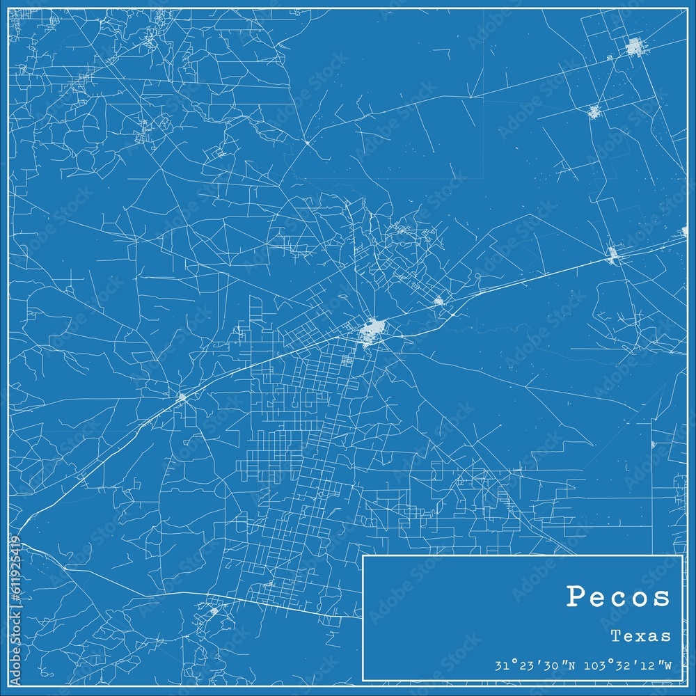 Blueprint US city map of Pecos, Texas.