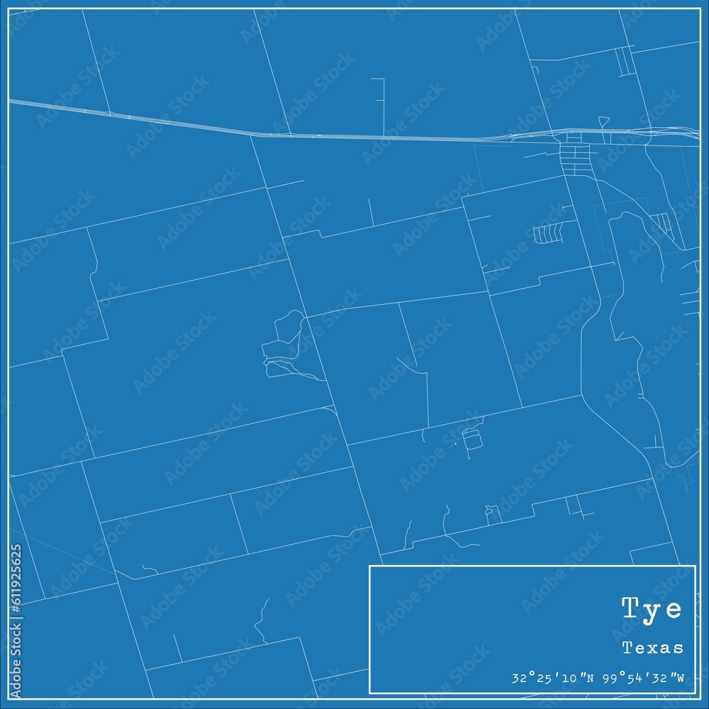 Blueprint US city map of Tye, Texas.