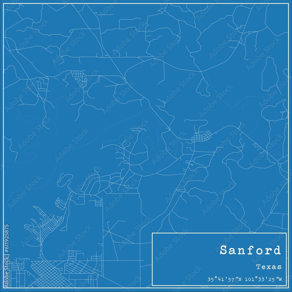Blueprint US city map of Sanford, Texas.