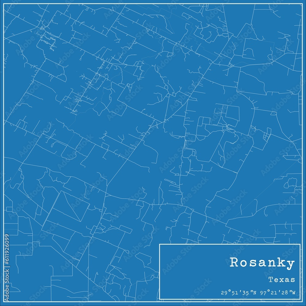 Blueprint US city map of Rosanky, Texas.
