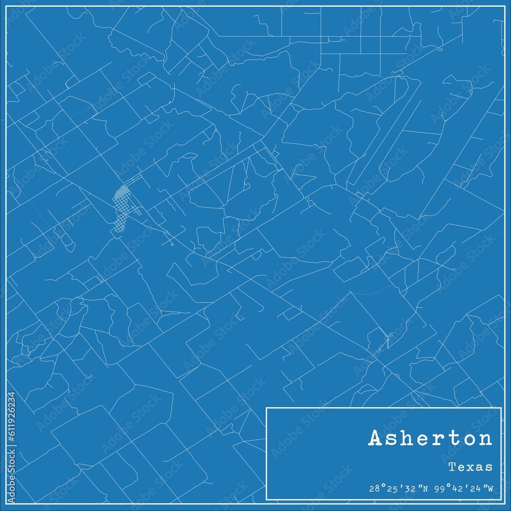 Fototapeta premium Blueprint US city map of Asherton, Texas.