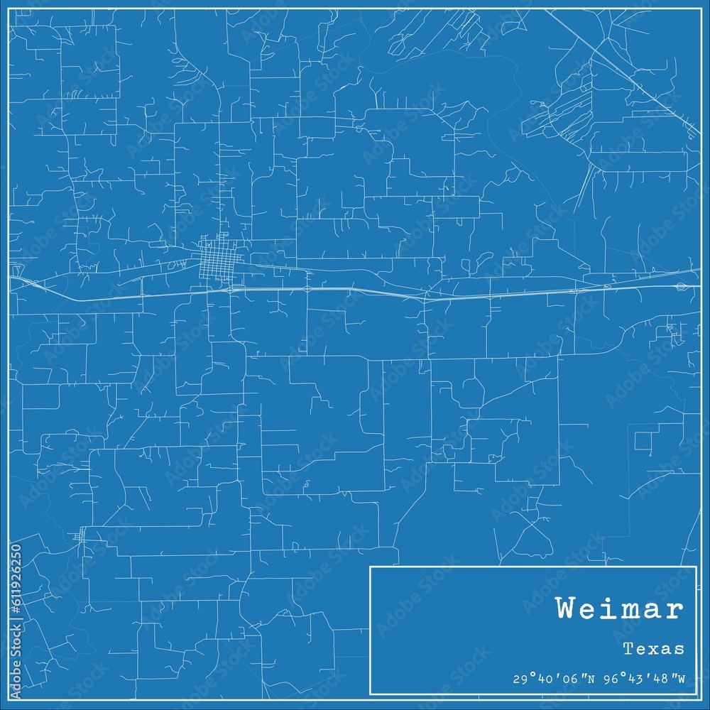 Blueprint US city map of Weimar, Texas.