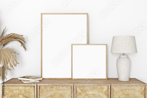 Boho style interior of a room with a picture frame, 3d render