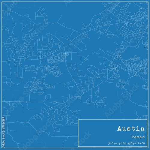 Blueprint US city map of Austin, Texas.