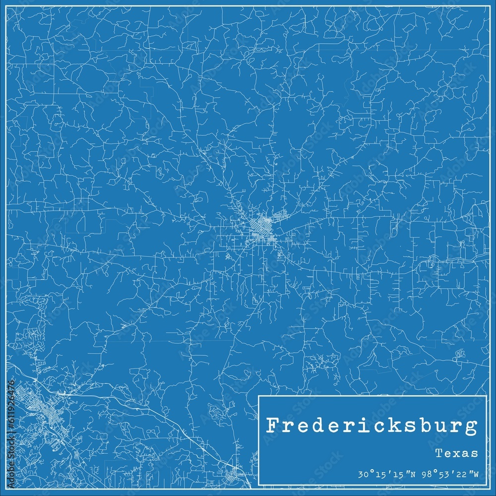 Blueprint US city map of Fredericksburg, Texas.