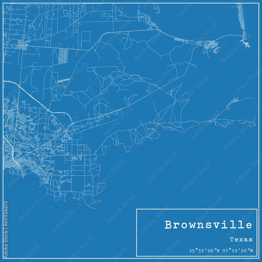 Blueprint US city map of Brownsville, Texas.