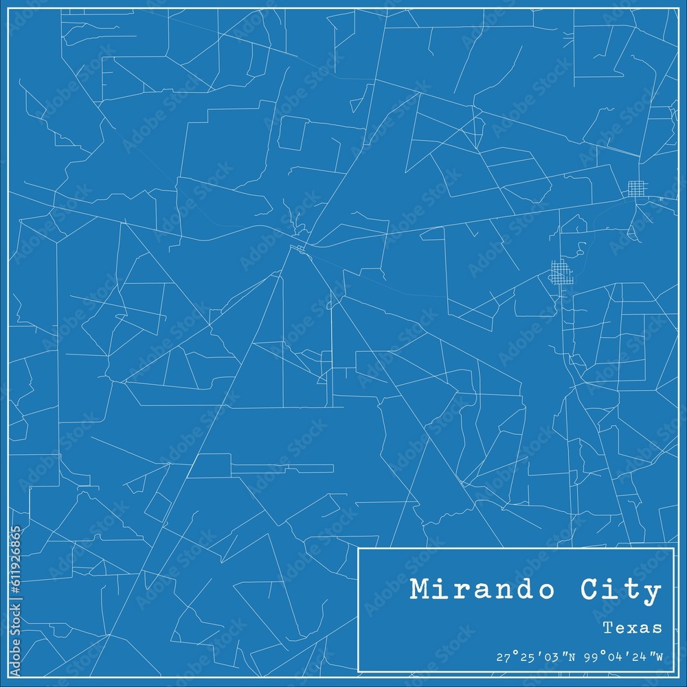 Blueprint US city map of Mirando City, Texas.