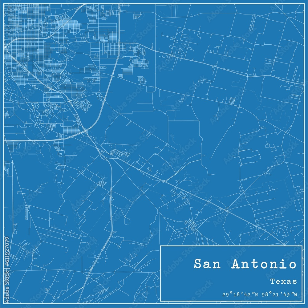 Blueprint US city map of San Antonio, Texas.