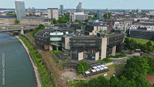 Drone shot of The Landtag of North Rhine-Westphalia , it is the state parliament of the German federal state of North Rhine-Westphalia, which convenes in the state capital of Düsseldorf .
