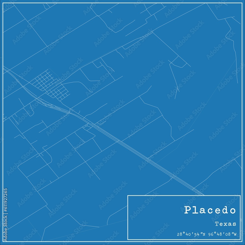 Blueprint US city map of Placedo, Texas.