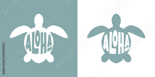 Logo vacaciones en Hawái. Silueta de tortuga marina con letras de la palabra aloha con letras estilo hawaiano