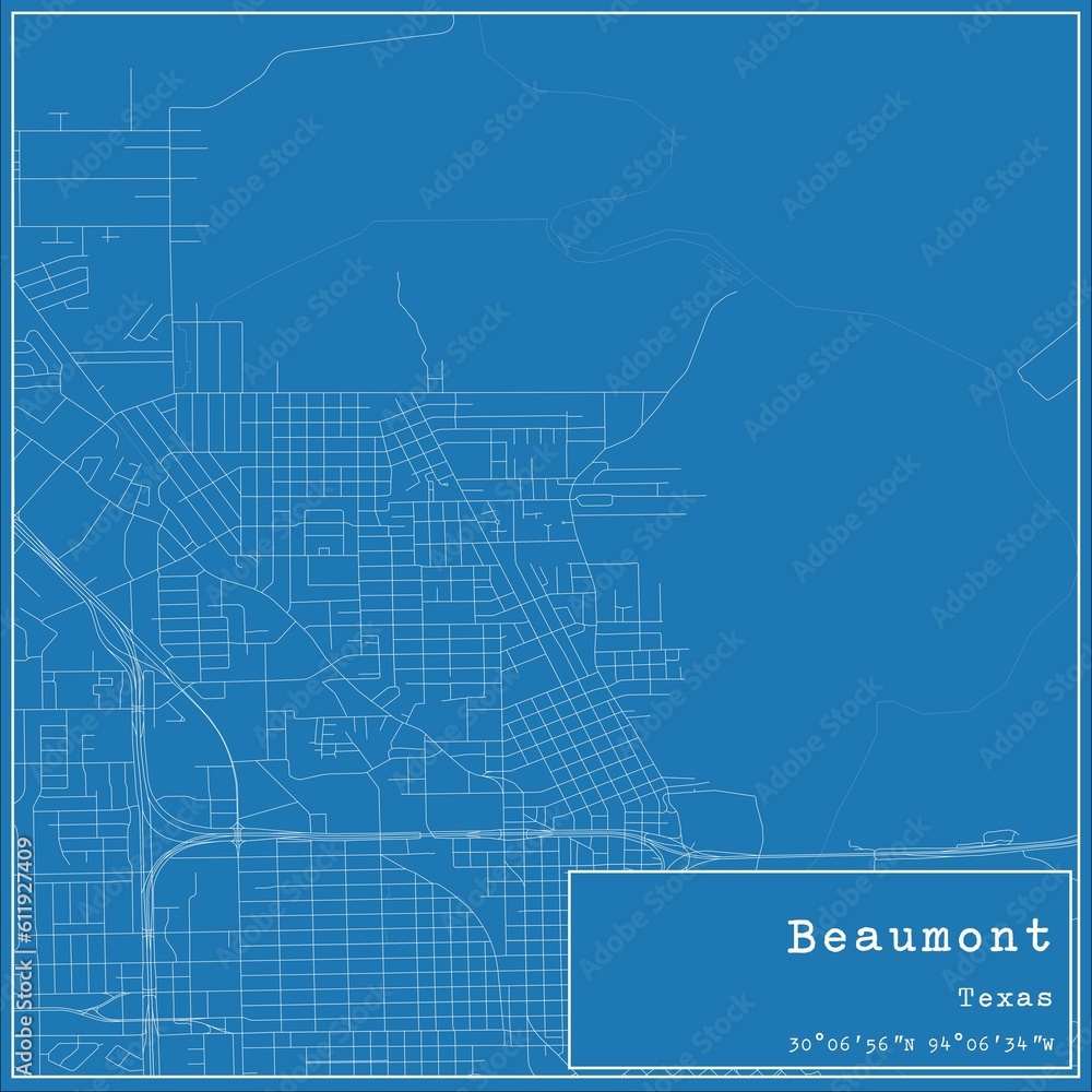 Blueprint US city map of Beaumont, Texas.