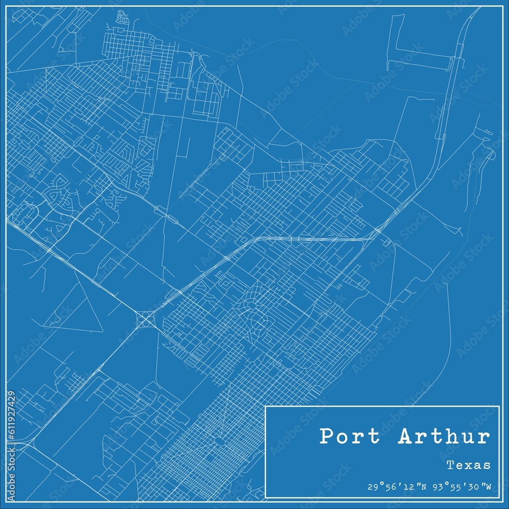 Blueprint US city map of Port Arthur, Texas.