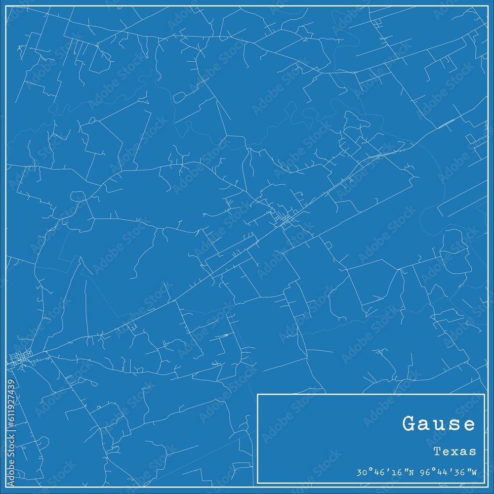 Blueprint US city map of Gause, Texas.