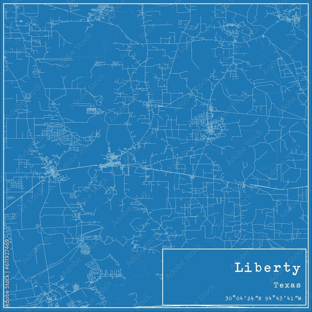Blueprint US city map of Liberty, Texas.