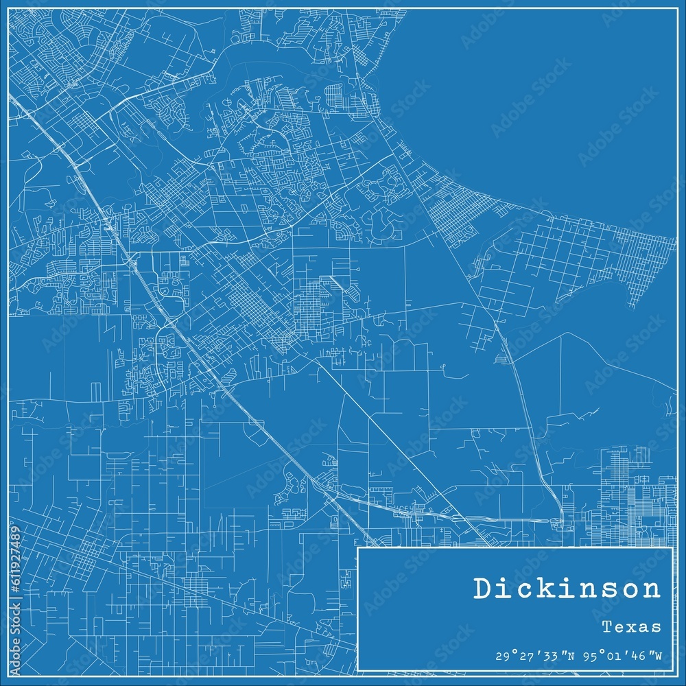 Blueprint US city map of Dickinson, Texas.