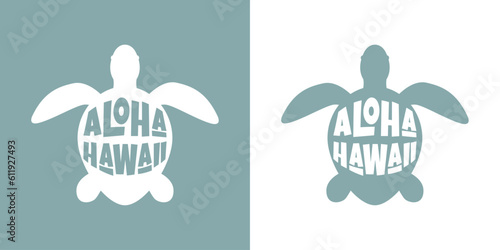Logo vacaciones en Hawái. Silueta de tortuga marina con letras de la palabra aloha Hawaii con letras estilo hawaiano