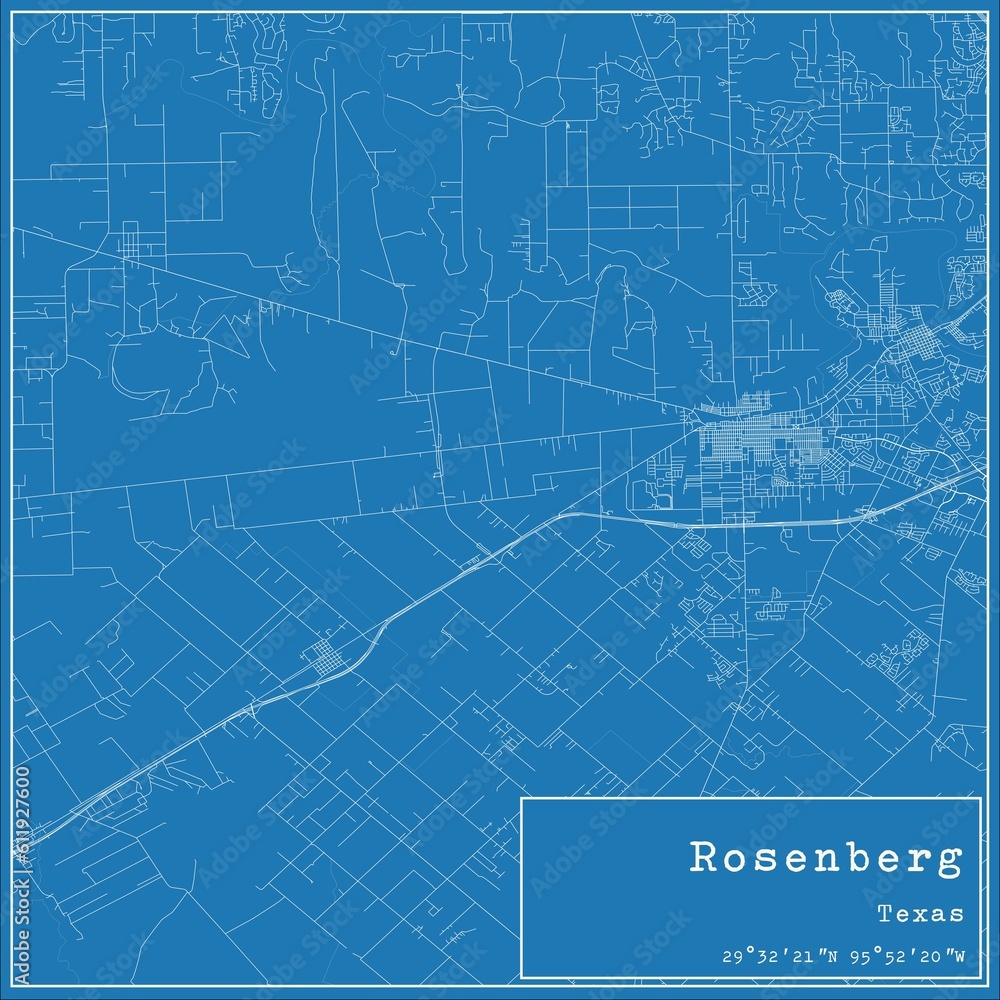 Blueprint US city map of Rosenberg, Texas.