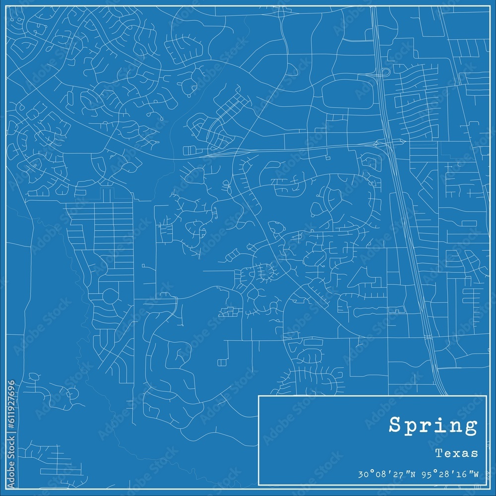 Blueprint US city map of Spring, Texas.