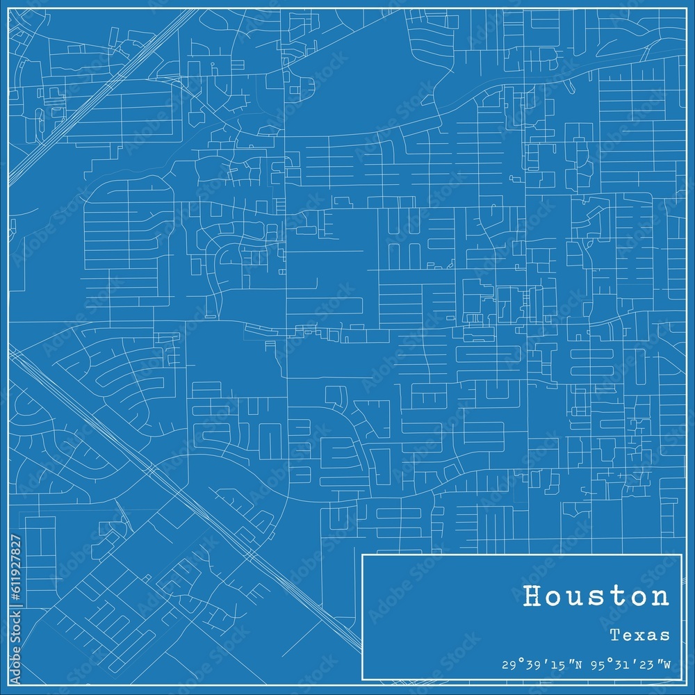 Blueprint US city map of Houston, Texas.