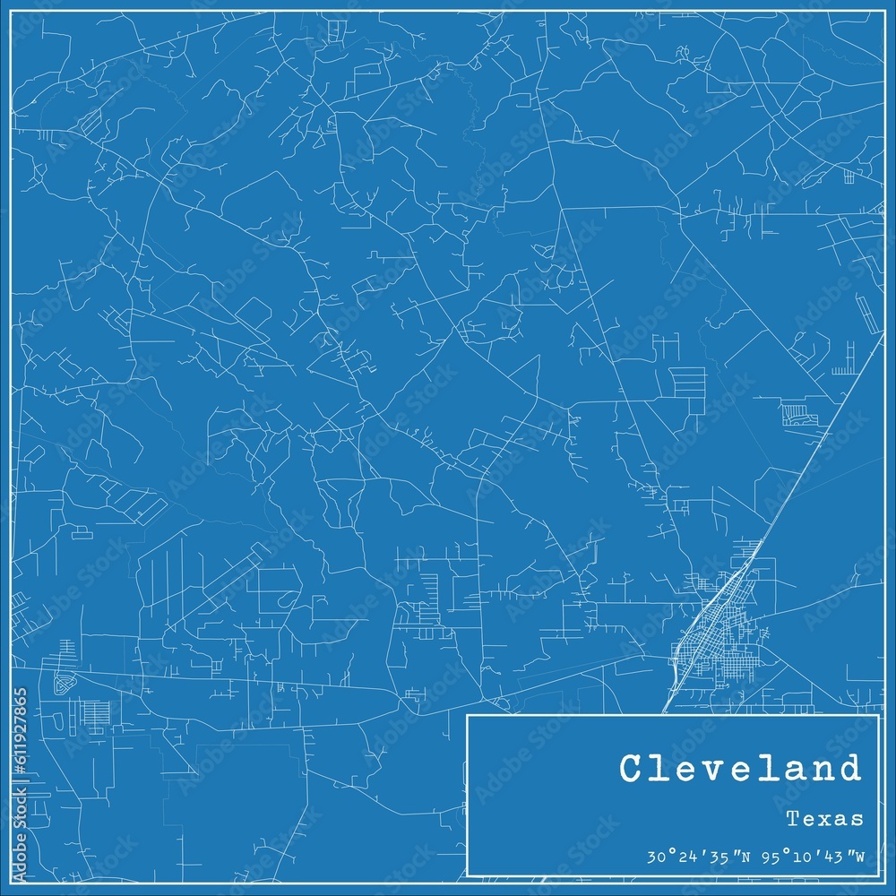Blueprint US city map of Cleveland, Texas.