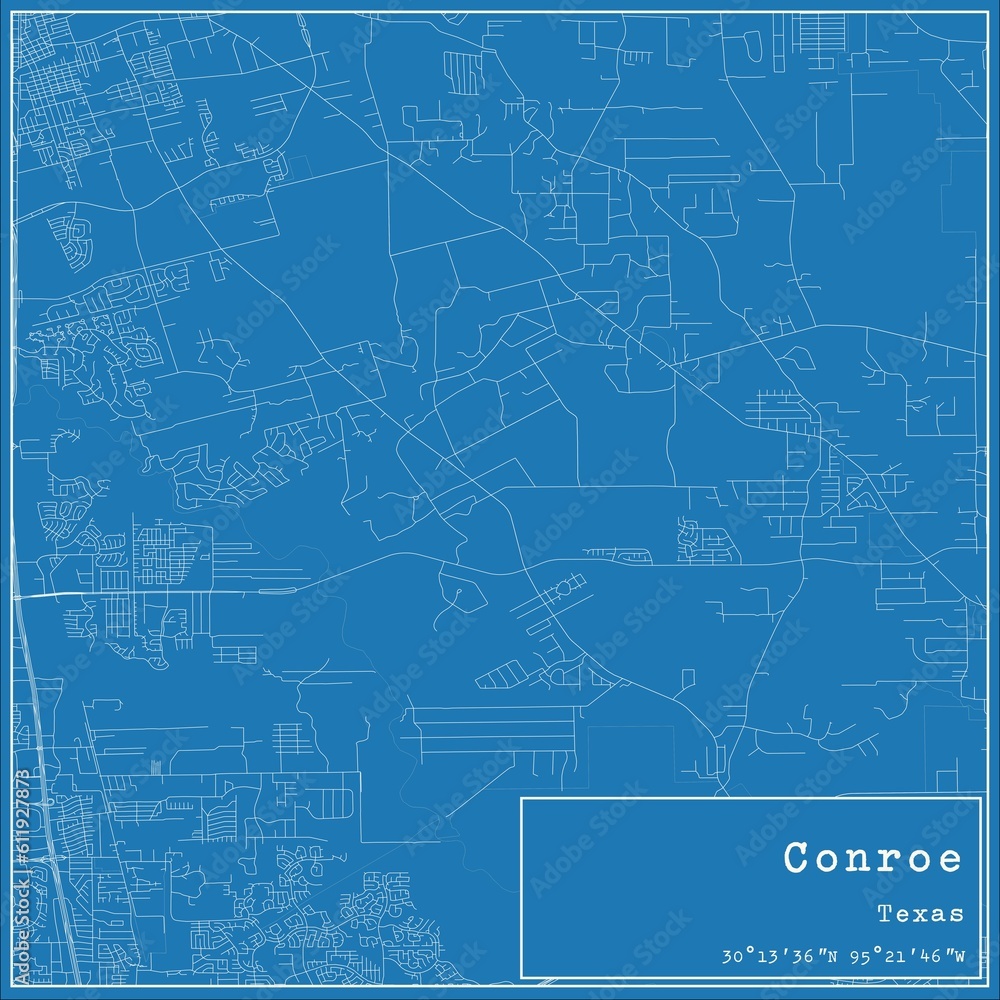 Blueprint US city map of Conroe, Texas.