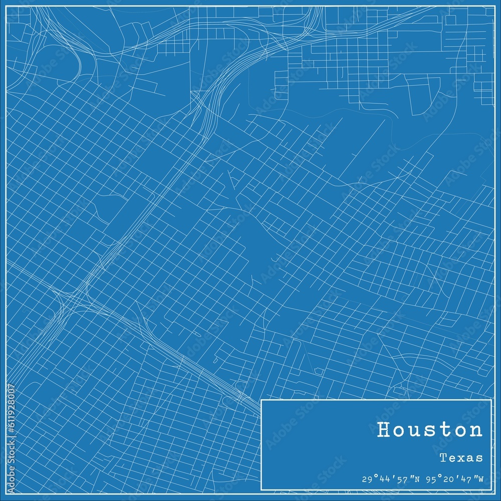 Blueprint US city map of Houston, Texas.