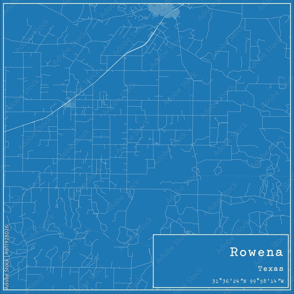 Blueprint US city map of Rowena, Texas.