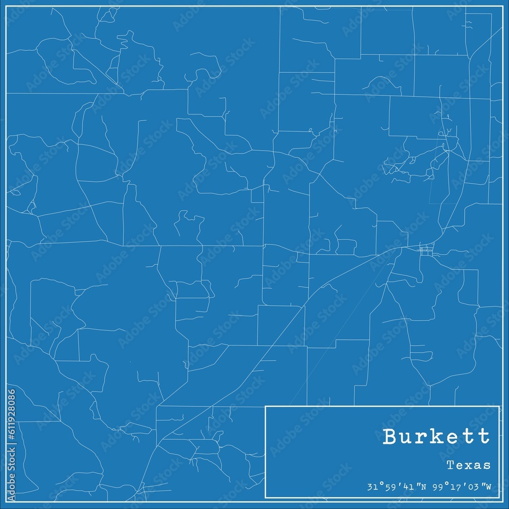 Blueprint US city map of Burkett, Texas.