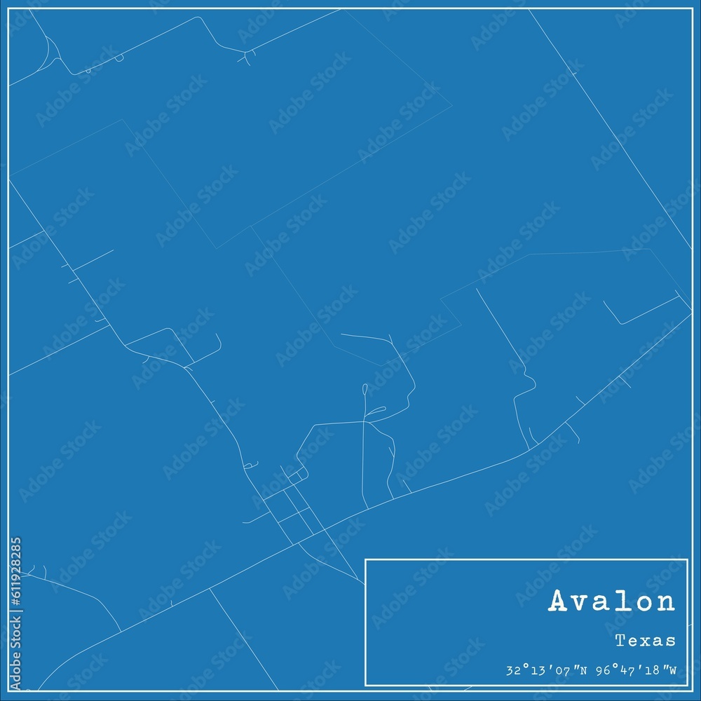Blueprint US city map of Avalon, Texas.