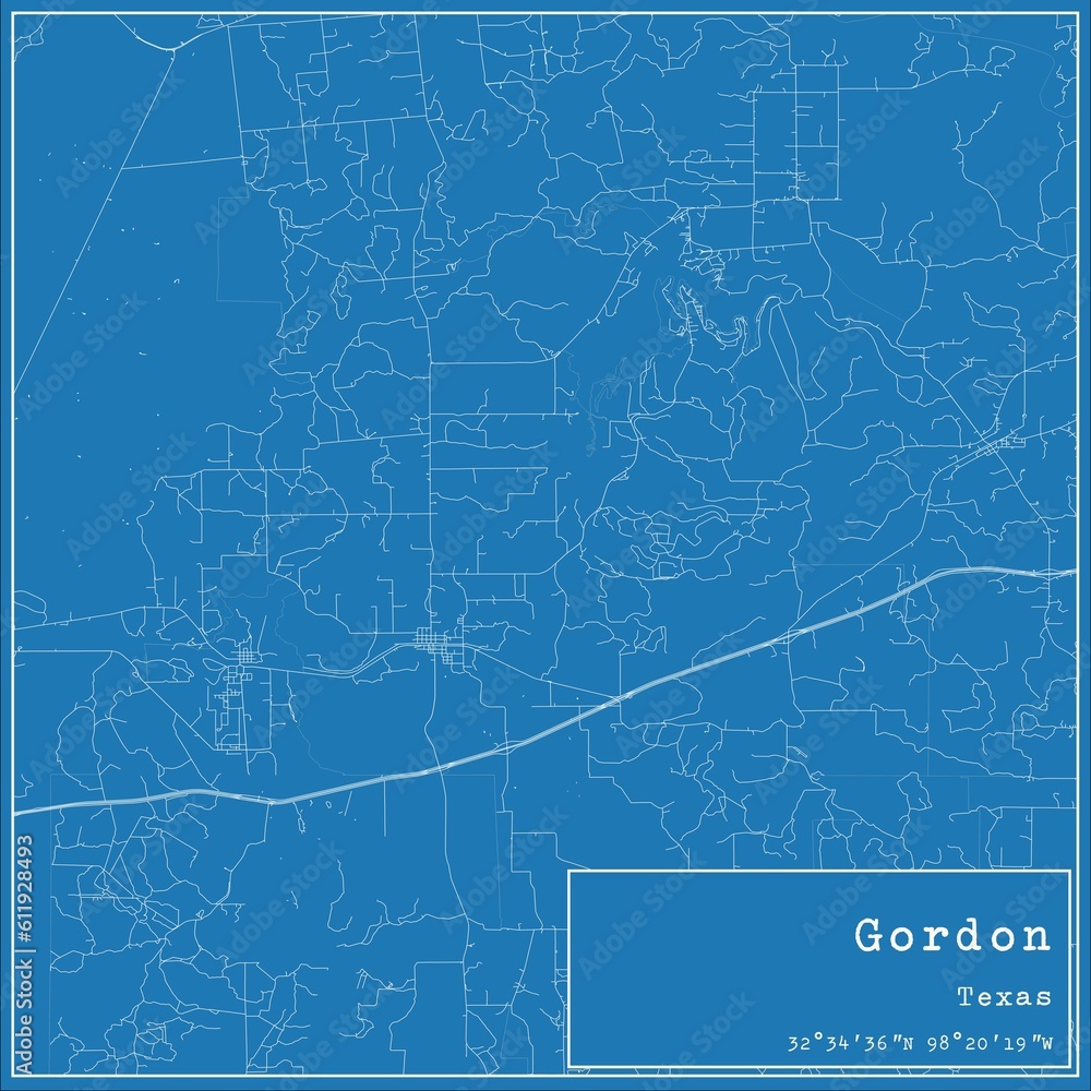 Blueprint US city map of Gordon, Texas.