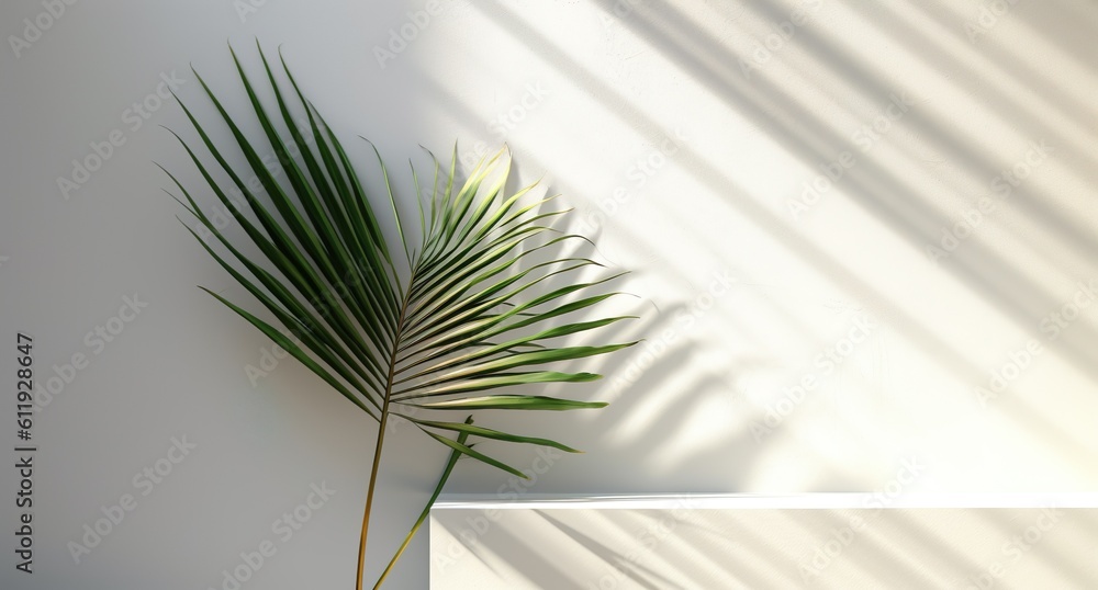 Blank clean polished gray wall and floor, green palm leaf in dappled sunlight, shadow for luxury interior design decoration, product display background Blank clean polished gray wall and floor, green palm leaf in dappled sunlight, shadow for luxury interior design decoration, product display background