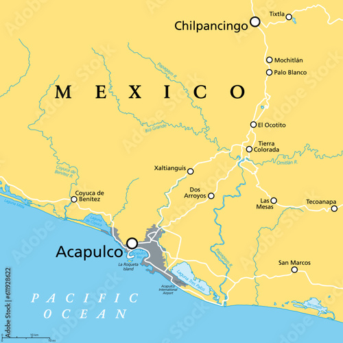Acapulco and surroundings  political map. Acapulco de Juarez  city and major port of call in state of Guerrero on the Pacific Coast of Mexico. Popular tourist spot and port of call for cruise ships.